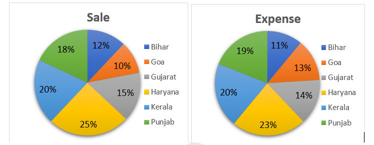 Pie charts of state-wise sales (Bihar 12%, Goa 10%, Gujarat 15%, Haryana 25%, Kerala 20%, Punjab 18%) and expenses (Bihar 11%, Goa 13%, Gujarat 14%, Haryana 23%, Kerala 20%, Punjab 19%)