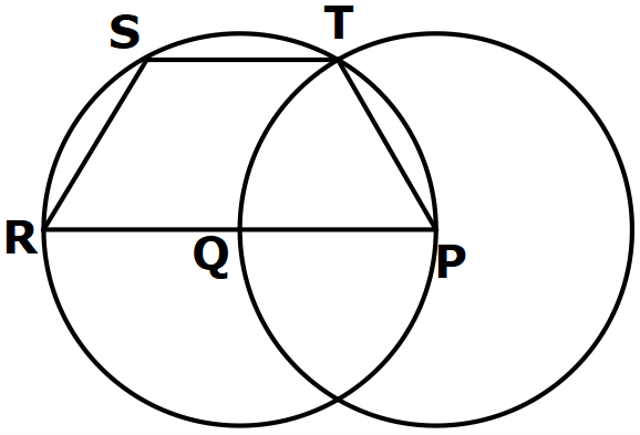 Two unit circles centred at Q and P, each passing through the other's centre; trapezium PRST with RP a diameter of the circle centred at Q and T a point where the circles intersect