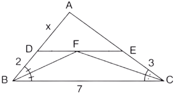 Triangle ABC with DE parallel to BC, BF and CF bisecting angles B and C meeting at F on DE; AD = x, DB = 2, EC = 3, BC = 7