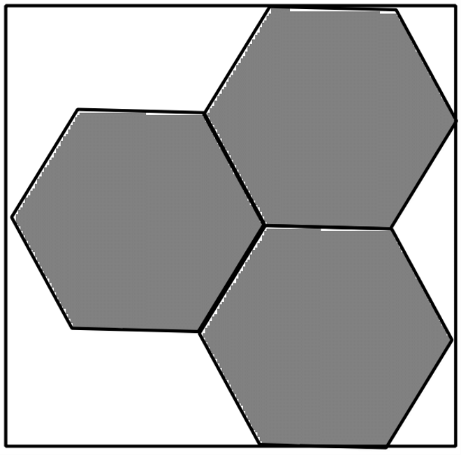 Three identical regular hexagons meeting at a common point, enclosed in a square that touches their outer vertices and edges