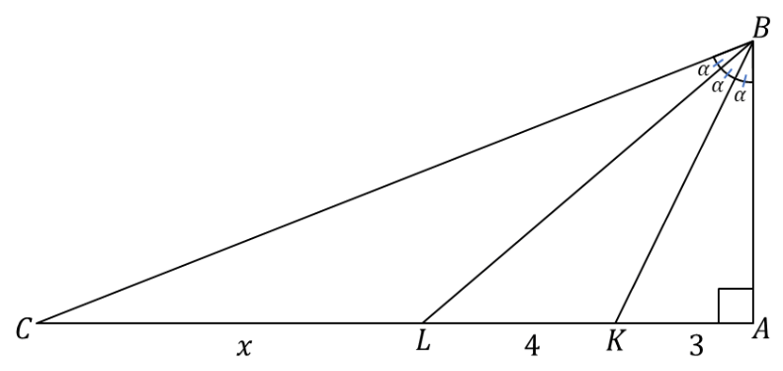 Right triangle ABC with right angle at A; angle B trisected by BK and BL meeting AC at K and L; AK = 3, KL = 4, LC = x