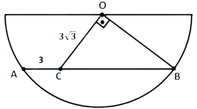 Semicircle with centre O; chord AB with point C on it, AC = 3, OC = 3√3, and angle COB = 90 degrees