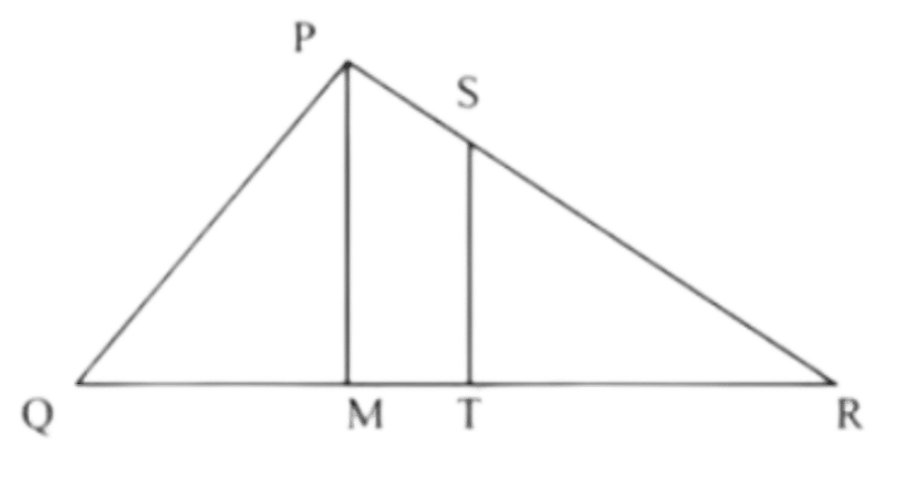 Triangle PQR with altitude PM to QR, and segment ST perpendicular to QR with S on PR and T on QR between M and R