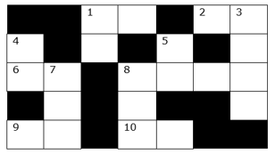 Number crossword grid of 5 rows and 7 columns with black cells; clue numbers 1, 2, 3 in the top row, 4 and 5 in the second row, 6, 7 and 8 in the third row, and 9 and 10 in the bottom row
