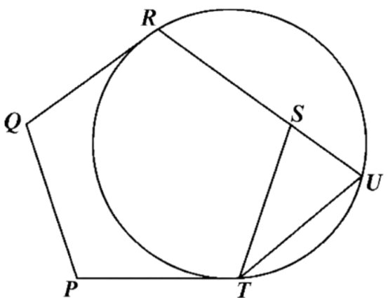 Regular pentagon PQRST with a circle touching QR at R and PT at T; RS is extended to meet the circle at U, and T is joined to U