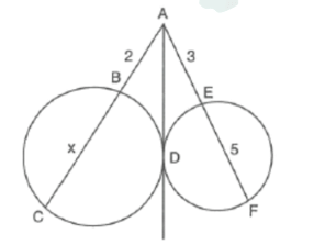 Two circles touching at D with common tangent AD; secants ABC and AEF drawn from A